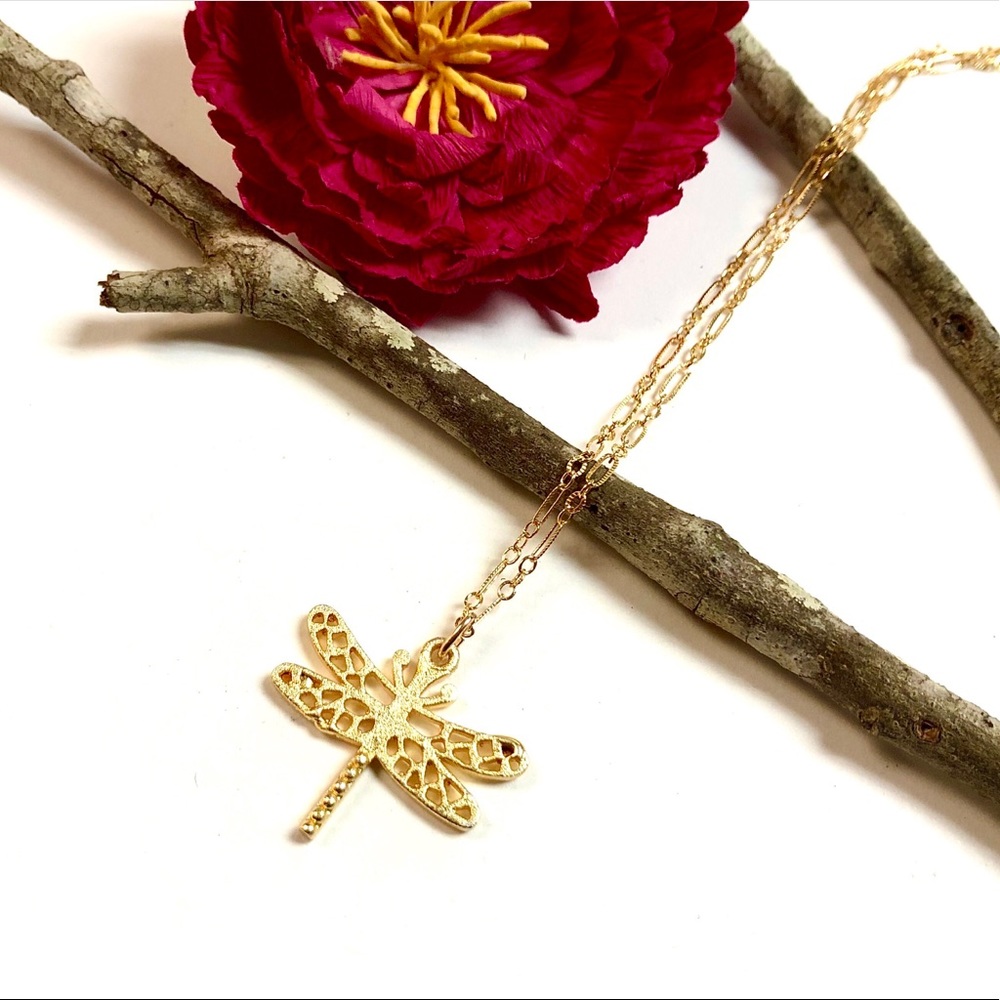 Dragonfly Necklace, Butterfly, Flower, Minimalist - Picture 1 of 10